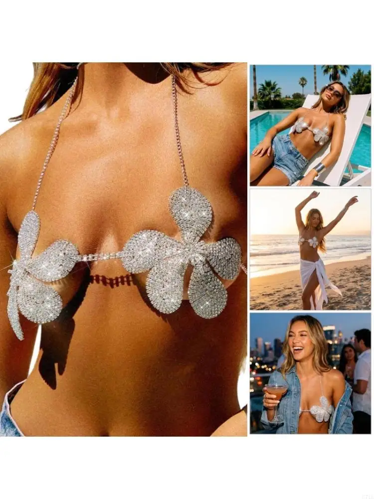 Modern Floral Crystal Chest Chain Halter Bra For Women Party Accessories