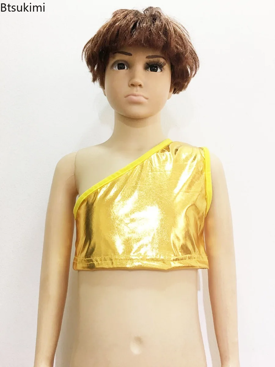 Child Mini Tank Tops Women Oblique Shoulder High Street Shiny Metallic Dancing Crop Tops Sleeveless Jazz Vest Modern Dance Wear