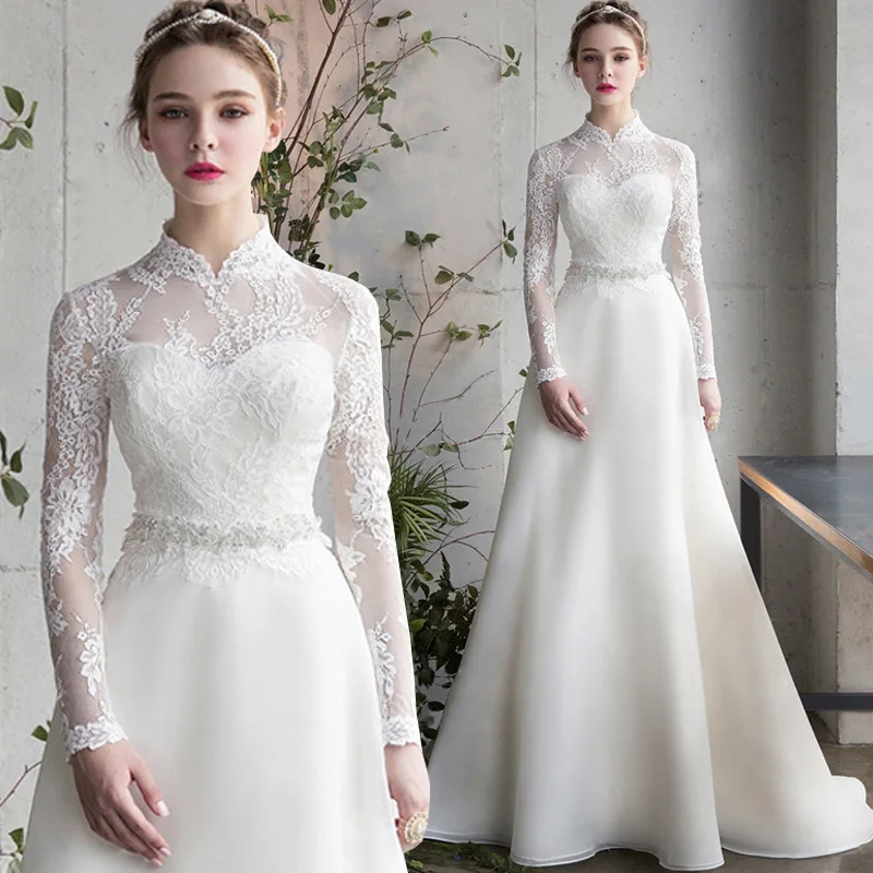 VENSANAC High Neck Crystal Sash Satin A-Line Wedding Dress Lace Appliques Long Sleeve Sweep Train Bridal Gown Customized