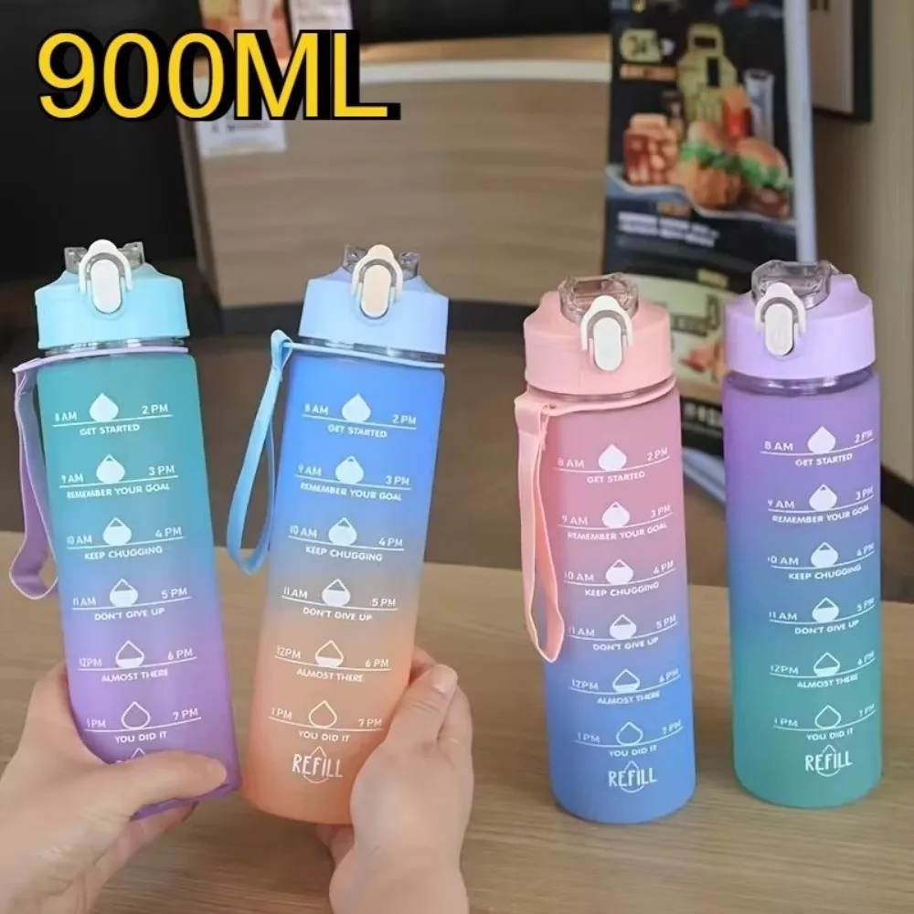 900ML Sports Water Bottle Frosted Surface Progressive Color Graduated Straw Cup Straw Design High Temperature Resistant