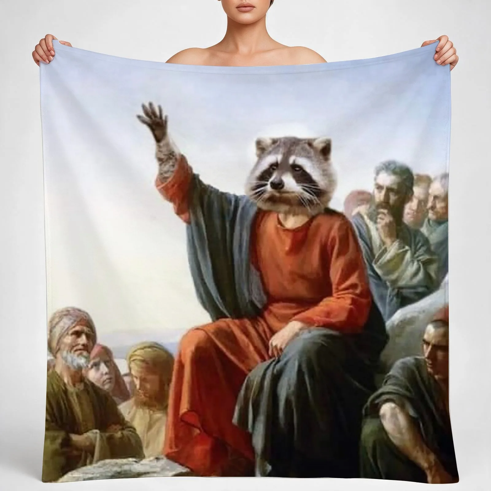 Raccoon Jesus Throw Blanket couch cozy soft plush fuzzy picnic outdoor blanket