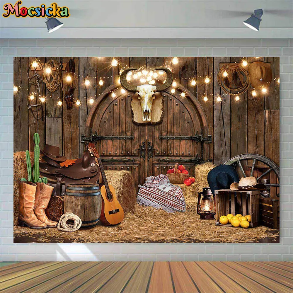Mocsicka Newborn Photography Background West Cowboy Baby Shower Party Decor Kids Birthday Backdrop Wooden Wall Studio Photoshoot
