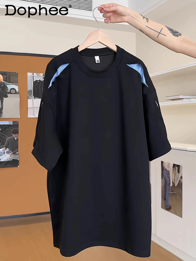 

Male Striped Splicing Short-sleeve Round Neck Tops Men's 2025 Summer New Niche Design T-shirts Fashion Handsome Loose Chic Tees
