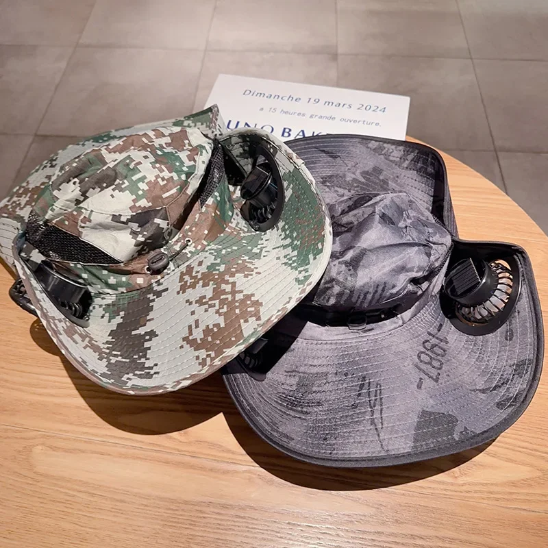 

Шляпа от солнца с солнечным вентилятором, камуфляжная 3-скоростная солнцезащитная кепка с широкими полями, вращающаяся дышащая шляпа-ведро от солнца, подарок на день рождения для кемпинга, рыбалки