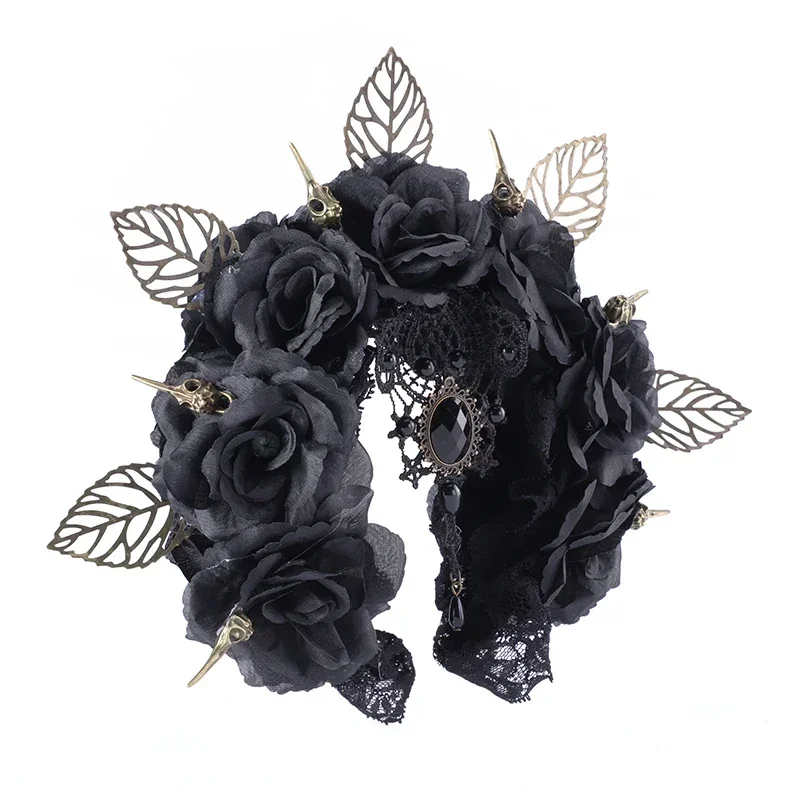 Couronne de tête de reine faite à la main pour filles, accessoires de cheveux, couronne noire gothique vintage, bande de sauna, cosplay, fête d'Halloween, mascarade Tim