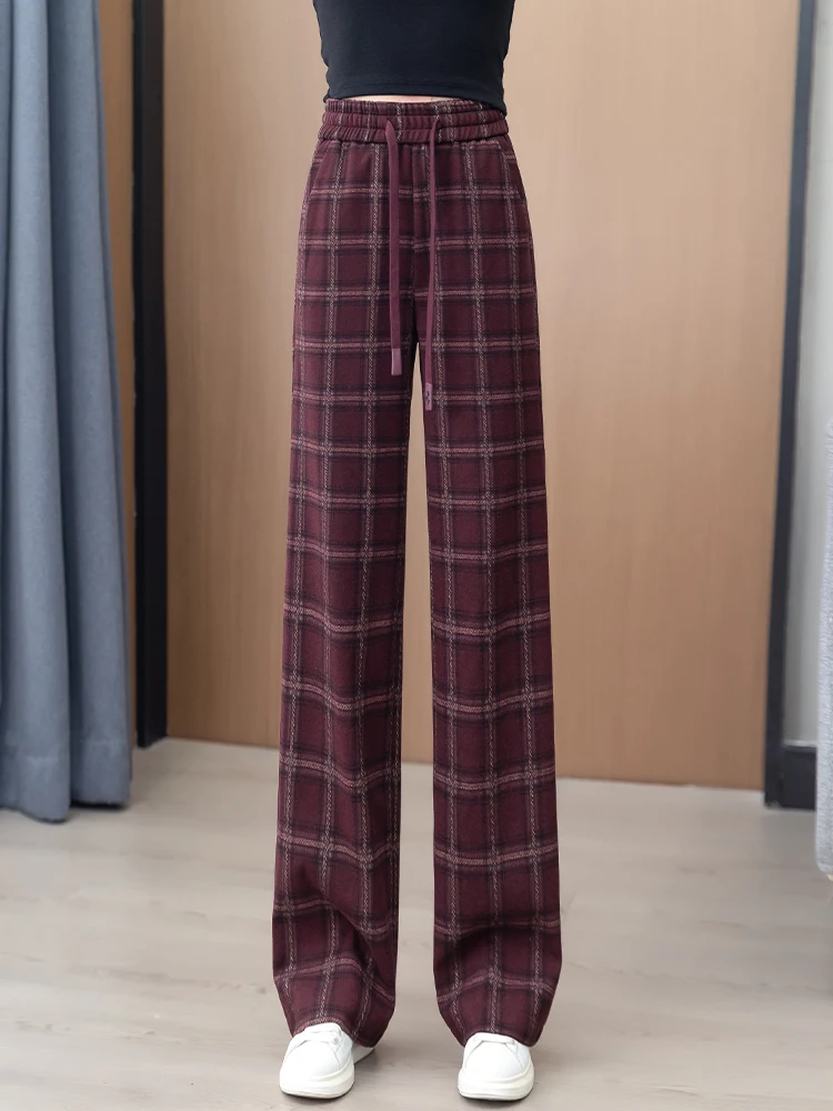 

High Waist Plaid Wide Leg Pants Women's Loose Fit Casual Trousers Autumn Winter New Style Elastic Waist Korean Style Straight...