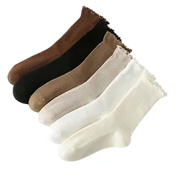 6 Pairs Socks for Women Ruffle Cotton Middle Tube Ankle Socks Short Breathable Black White Lolita Cute Kawaii Korean Stockings