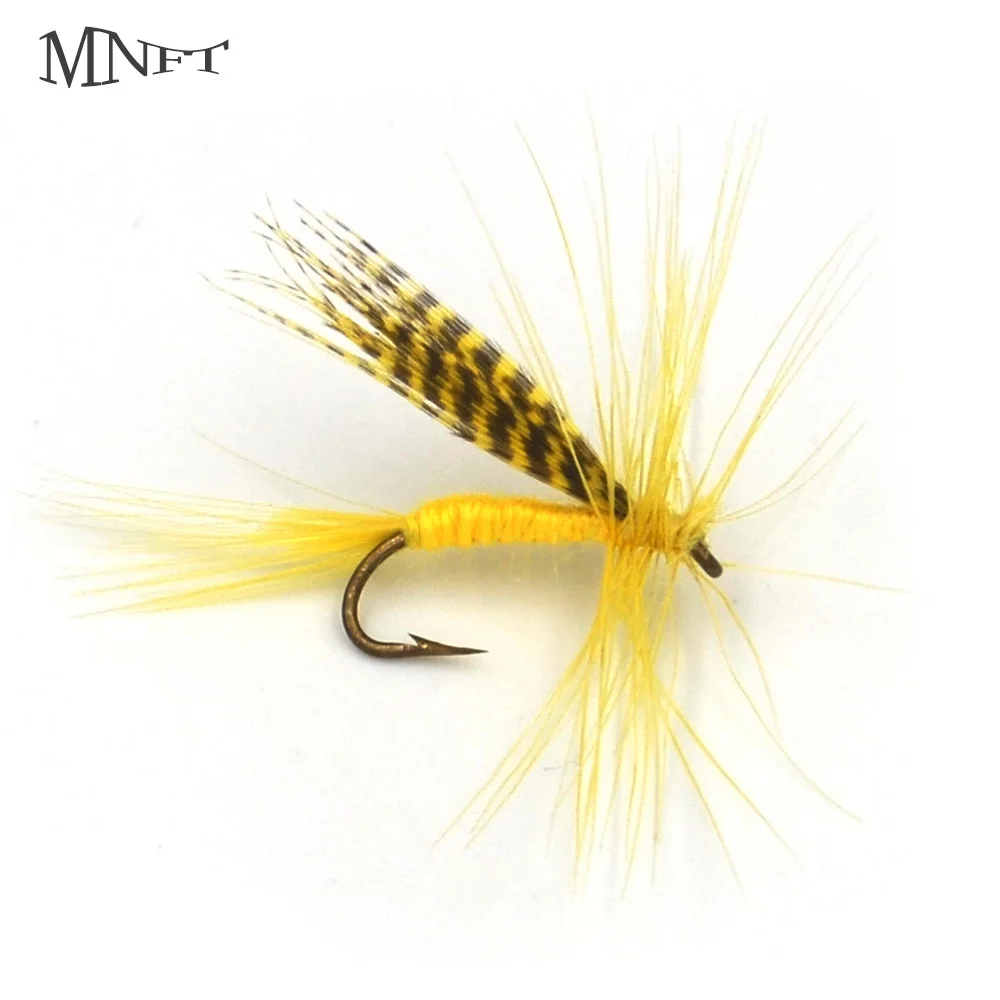 MNFT 10PCS 12# Yellow Body Bright Feather Fly Fishing Flies Barbed Hook Artificial Insect Bait