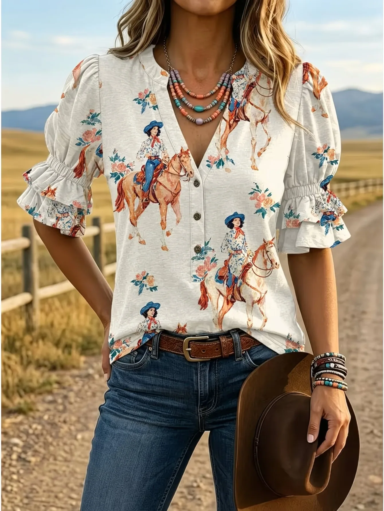 Plus Size Women's Western Cowgirl Horse Floral Stand Collar Puff Ruffle Short Sleeve Blouse
