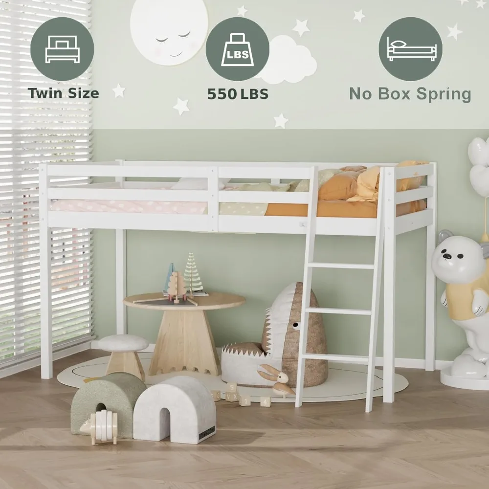 سرير صغير بطول 47 بوصة مع سلالم، خشب أبيض مقاس مزدوج للبالغين والأطفال والمراهقين، لا حاجة إلى صندوق زنبركي