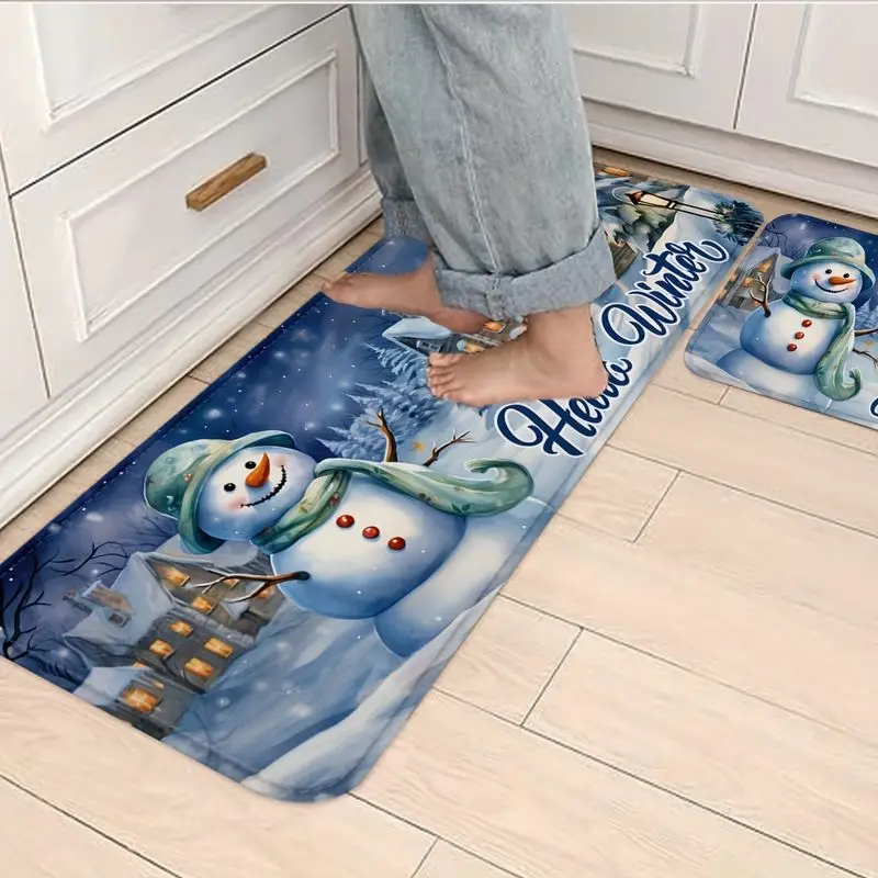 VIKAMA Snowman Winter Snow Scene Rug Hello Winter Art Non Slip Kitchen Runner Washable Entryway Doormat Seasonal Home Decor