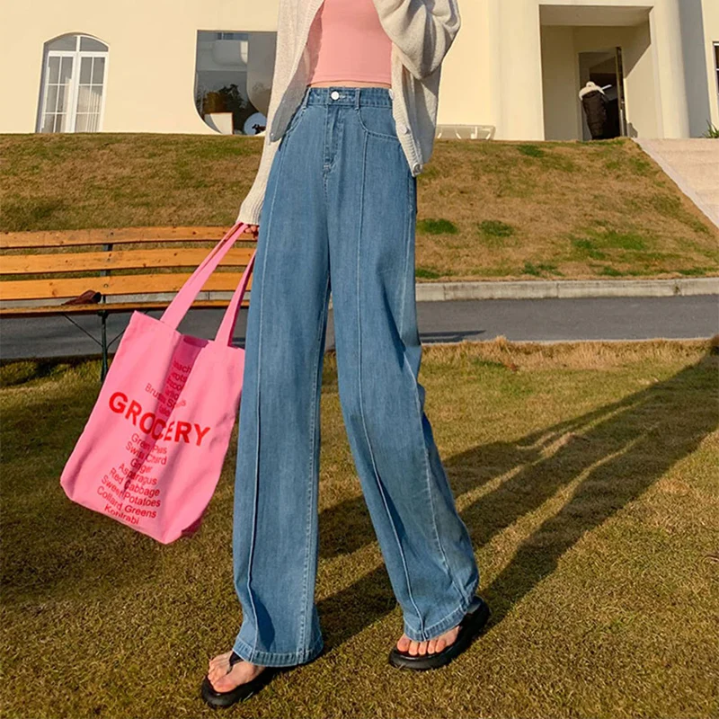 

Elastic Waist Vintage Wide Leg Pants Women Autumn Casual Loose Drape Straight Jeans Female Fashion Patchwork Washed Denim Pants