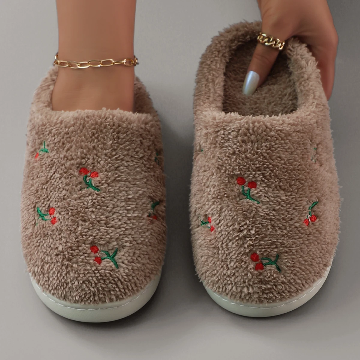 Stylish and sweet embroidered fruit cherry plush thick-soled autumn and winter warm women's home slippers couple's home bedroom