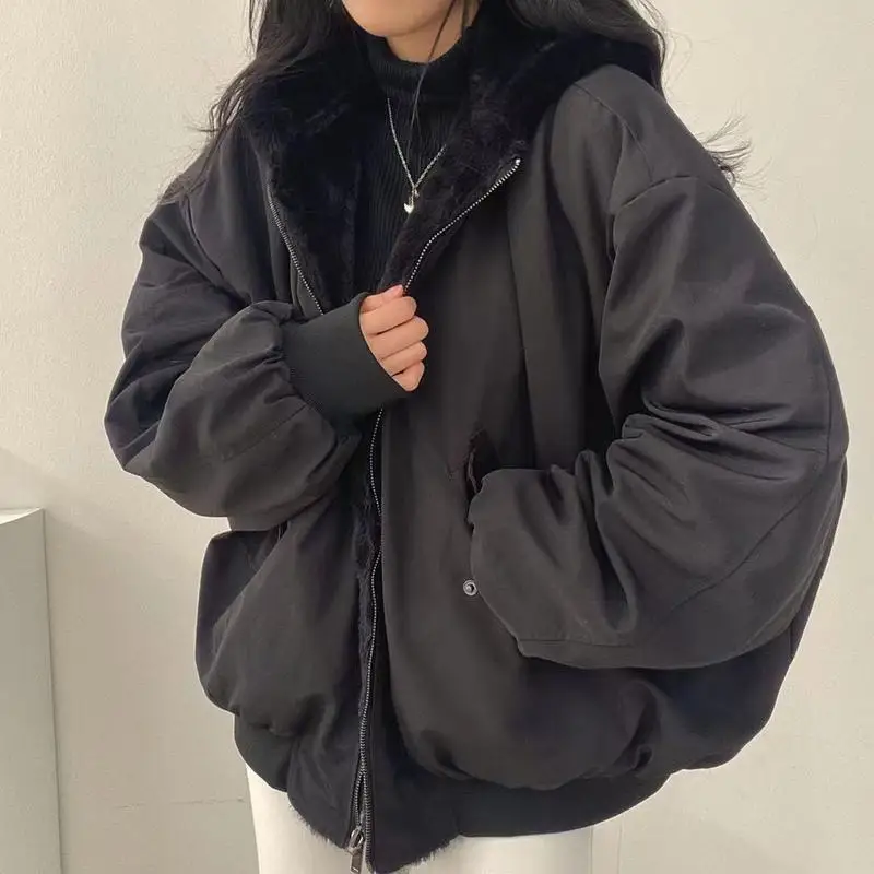 Korean Fashion Teenage Thick Double-Sided Cotton Jacket Winter New Style Student Zipper Jacket Girl Hooded Tops Loose Comfort