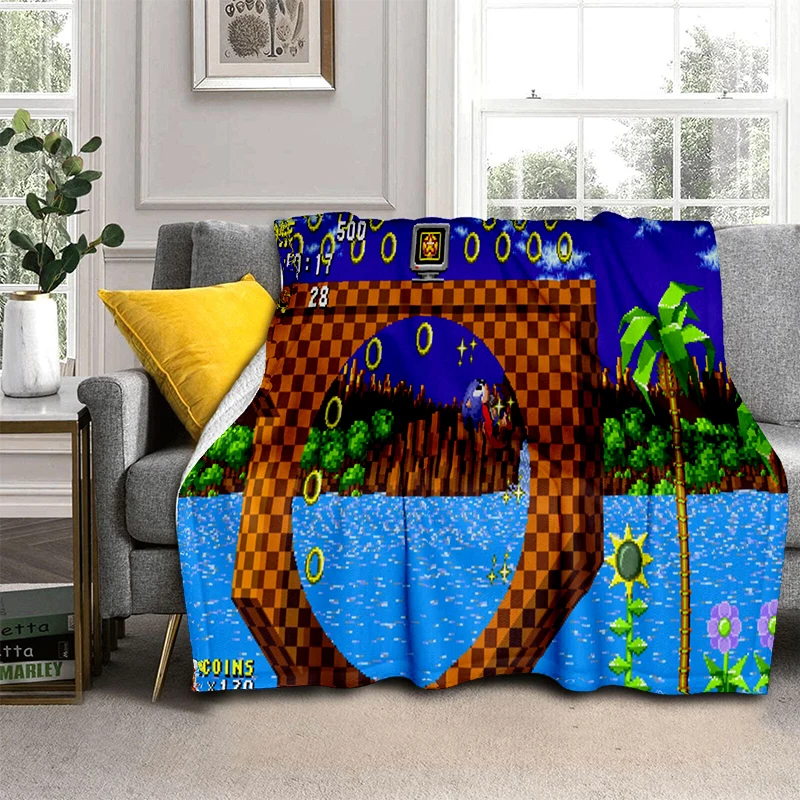 Fashion S-Sonic Cartoon Game Flannel Blanket Soft Warm Throw Blanket for Bedroom Living Room Bed Travel Camping Picnic Kid Gift