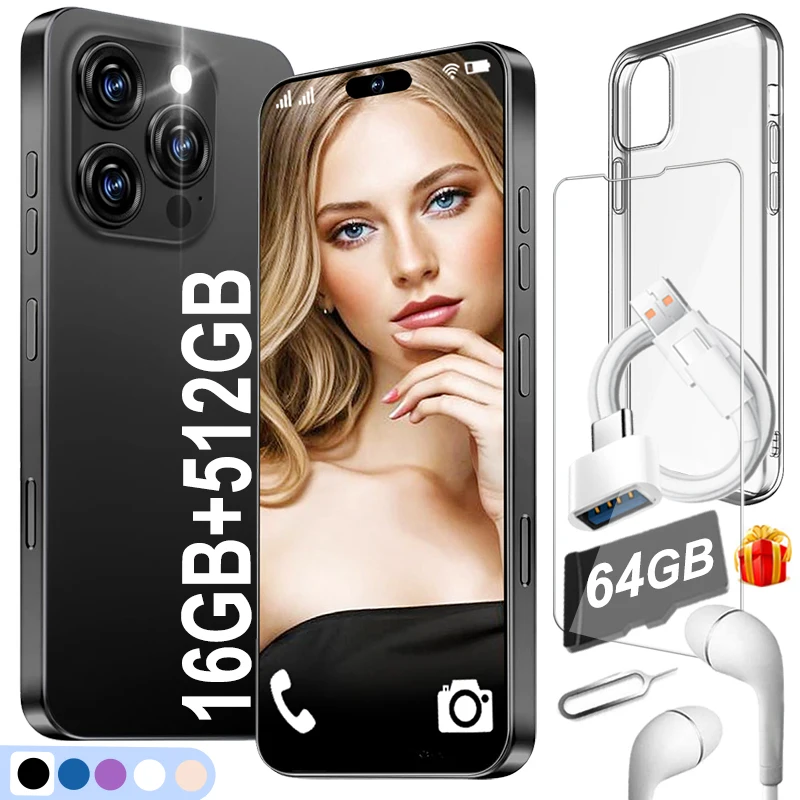 Смартфон i16 Pro Max и набор TF-карт 64 ГБ для Android, 16 ГБ + 512 ГБ, мобильный телефон FHD 6,99 дюйма, приложение для магазина Wi-Fi GPS Goodplay Dual SIM