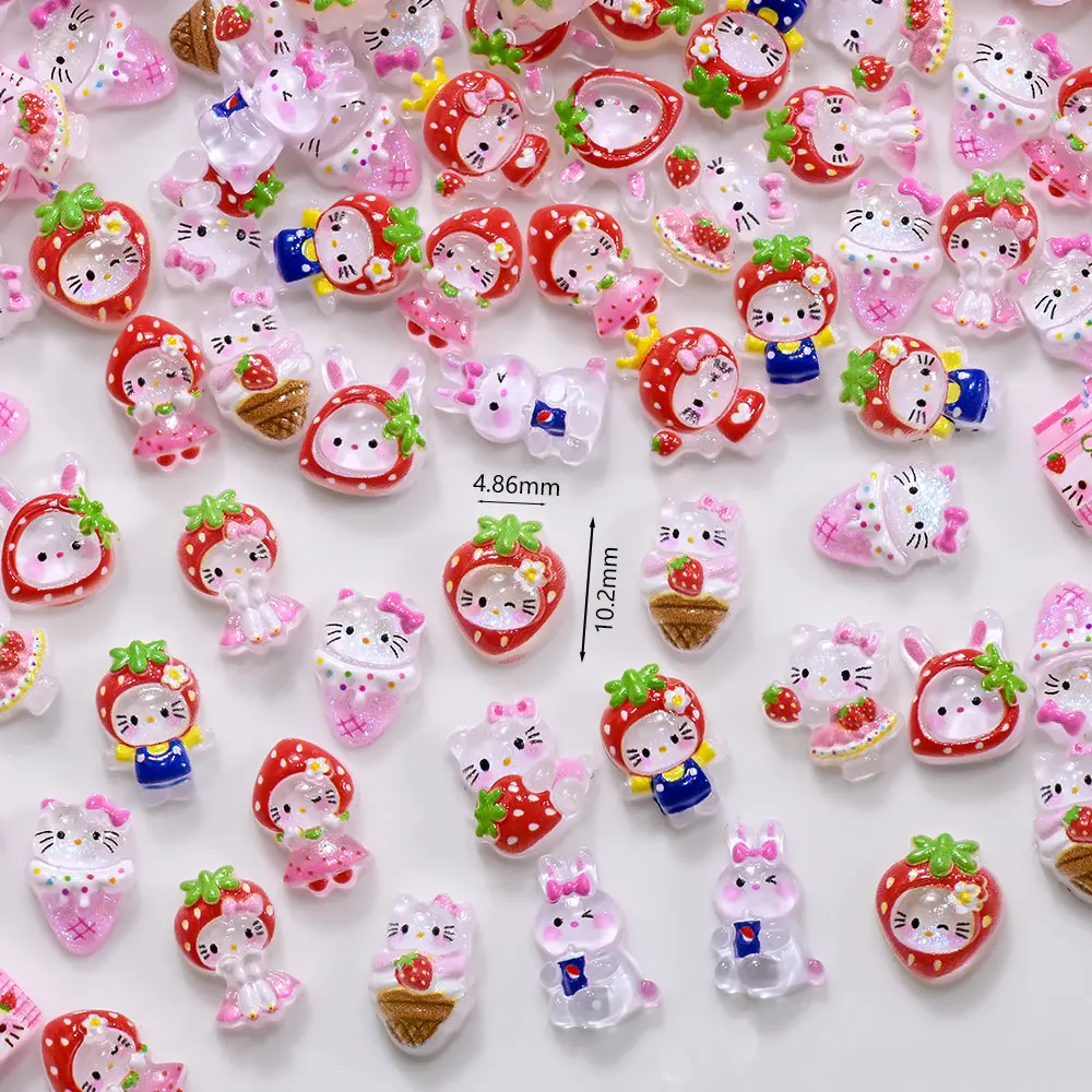 72 szt. Urocze błyskotki do paznokci w kształcie truskawek Hello Kitty, truskawkowy kapelusz, lodowy, półprzezroczysty brokat, sukienka, ozdoby do paznokci z kotem KT