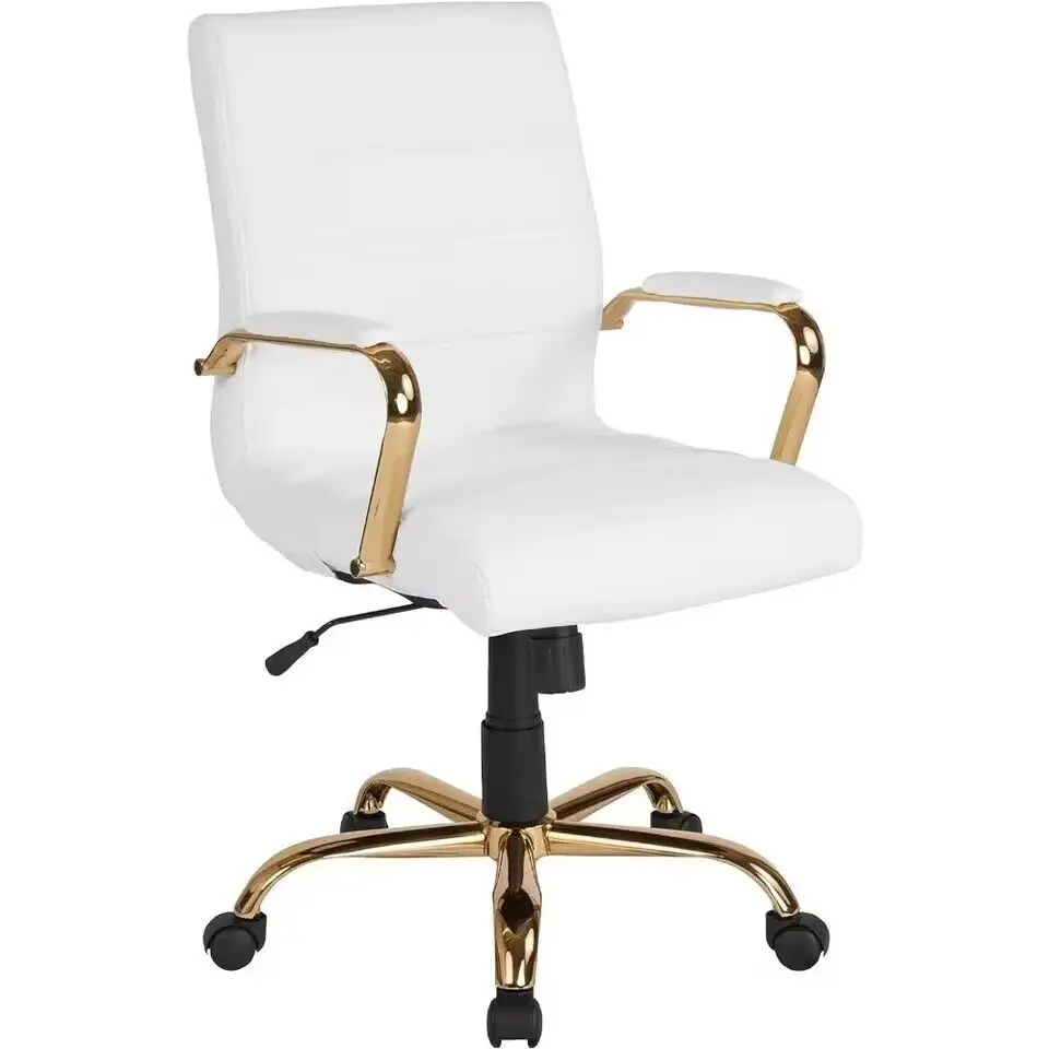 Computer Office Chair Cover Mid-Back Desk Chair - White LeatherSoft Swivel Office Chair With Gold Frame Furniture