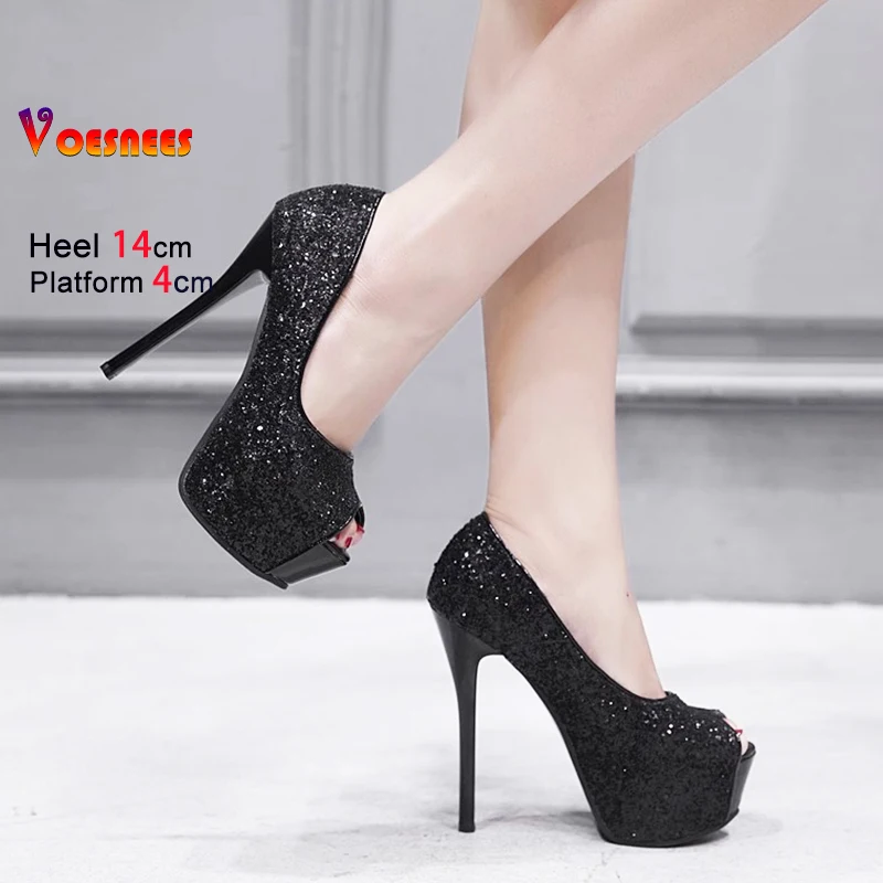 بريق الترتر المرأة مضخات 10 12 14 سنتيمتر مثير اللمحة تو حفل زفاف عالية الكعب 2025 ربيع جديد منصة سميكة الأسود حذا فردي للسيدات