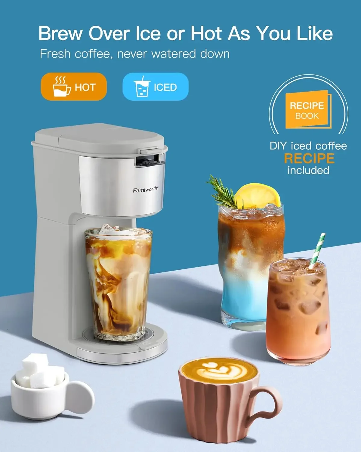 Iced Coffee Maker, Hot and Cold Coffee Maker Single Serve for K Cup and Ground, with Descaling Reminder and Self Cleaning