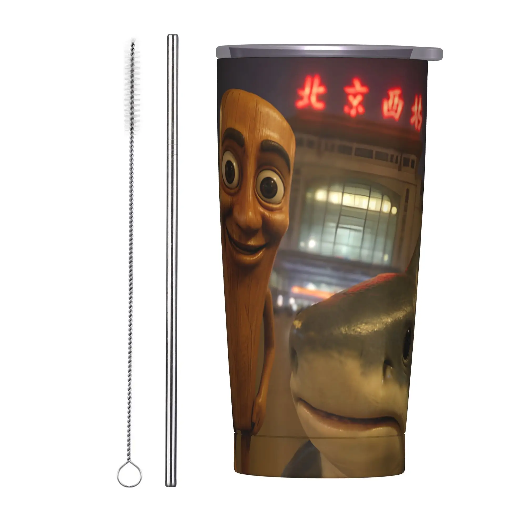 Tralalero Tralala Meme Tung Sahur Insulated Tumbler Straws Lid Italian Brainrot Stainless Steel Thermal Mug Drinks Cups, 20oz