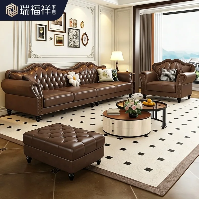 American sofa solid wood antique retro corner buckle sofa combination small apartment living room office wine cabinet furniture