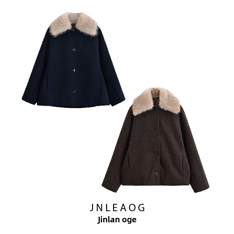 

Faionable Design Detachable Fur Collar Woolen Coat for Women Street Sle Long Sve Polyester Fiber Autumn New Arrival