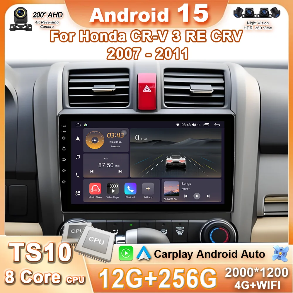 Carplay Android 15 Car For Honda CRV CR - V 3 RE 2007 - 2011 Car Radio Stereo Head Unit Automotive Multimedia Bluetooth 5G Wifi
