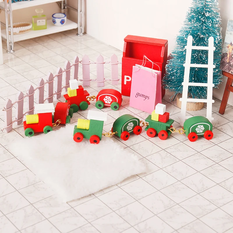 1:12 Dollhouse Miniature Train Christmas Snowflake Small Train Model Carriages Toy Kids Pretend Play Toy Doll House Accessories