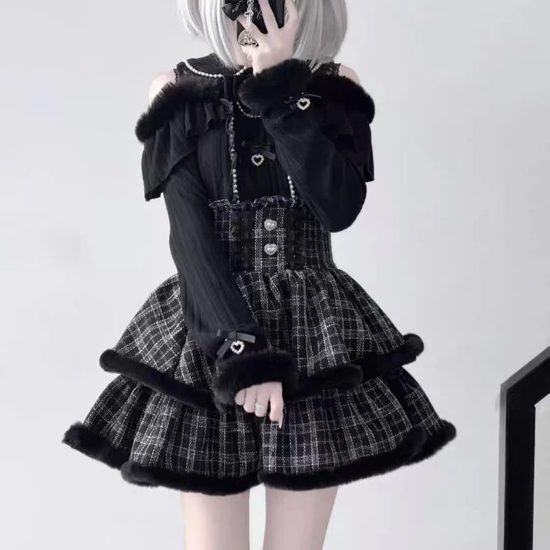 Japanese Style Gothic Y2k Lolita Skirt Set Women Cute Lace Fur Off Shoulder Bow Tops Cake Mini Skirt JK Uniform Suit Theme Party