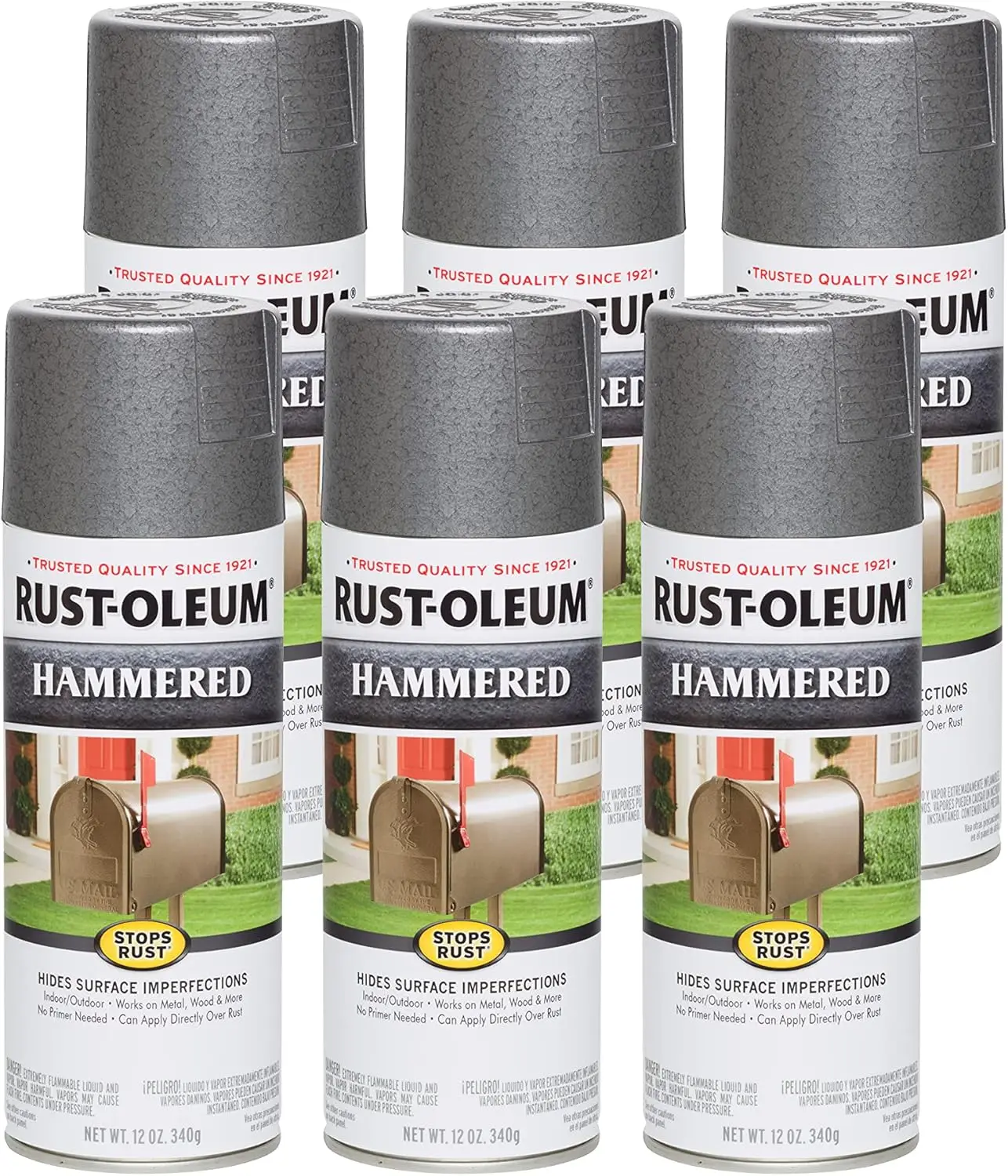 7214830-6Pk Stops Rust Hammered Spray Paint, 12 Oz, Gray, 6 Pack