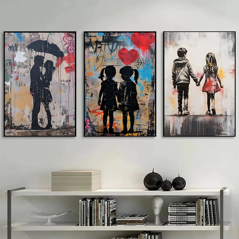 البوب شارع الكتابة على الجدران جدار الفن بانكسي صبي فتاة مع بالون على قماش الملصقات والمطبوعات اللوحة لغرفة المعيشة ديكور المنزل الهدايا