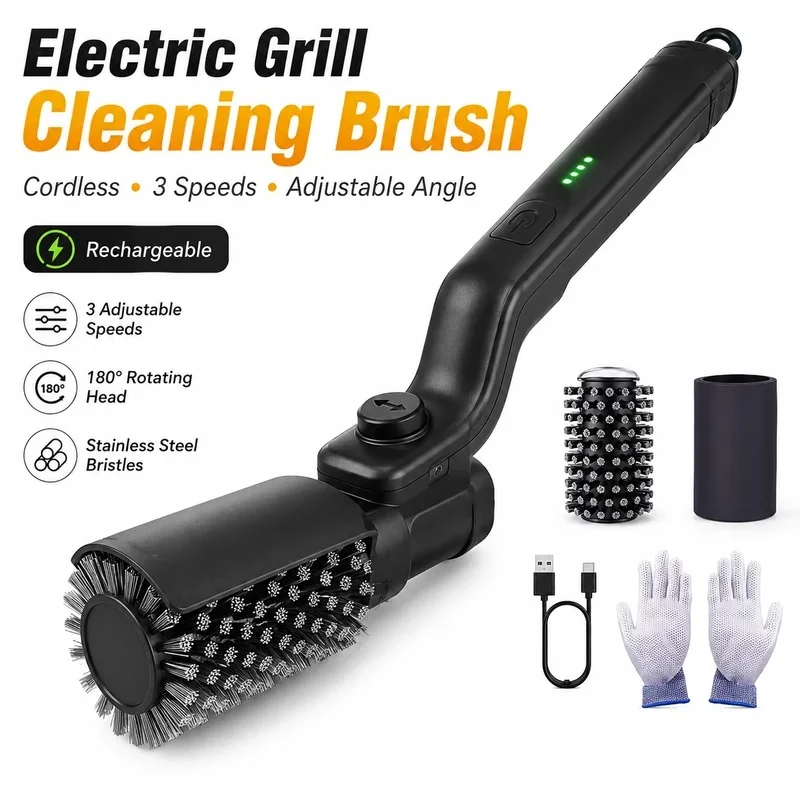 Electric grill cleaning brush rechargeable adjustable angle 3-speed cordless grill cleaner 2600mAh grill scrubbing tool