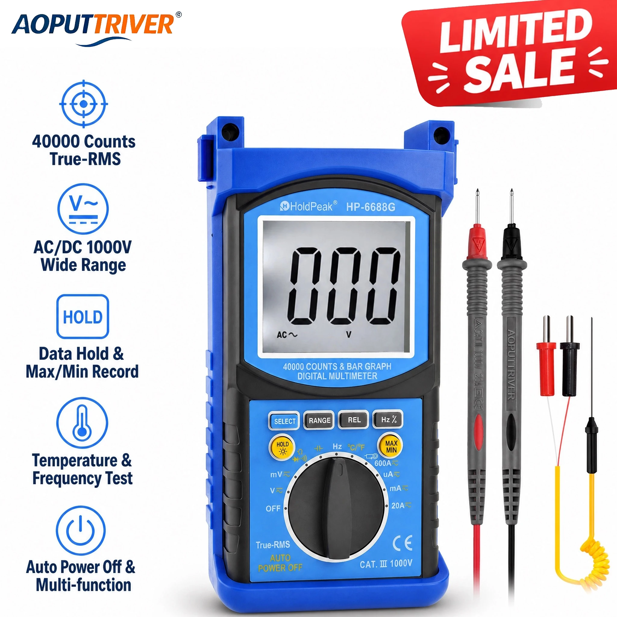 6688G Digital Multimeter 40000 Counts Auto Range AC DC Voltage Current Resistance Capacitance Frequency Temperature Tester