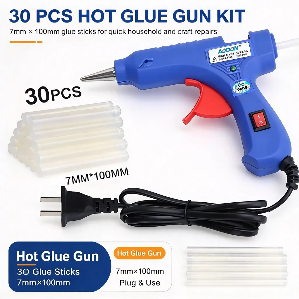 20W Mini Hot Melt Glue Gun, Thermostatic Electric Hot Glue Gun with 30Pcs 7mm*100mm Glue Sticks, Household DIY Craft Repair Tool