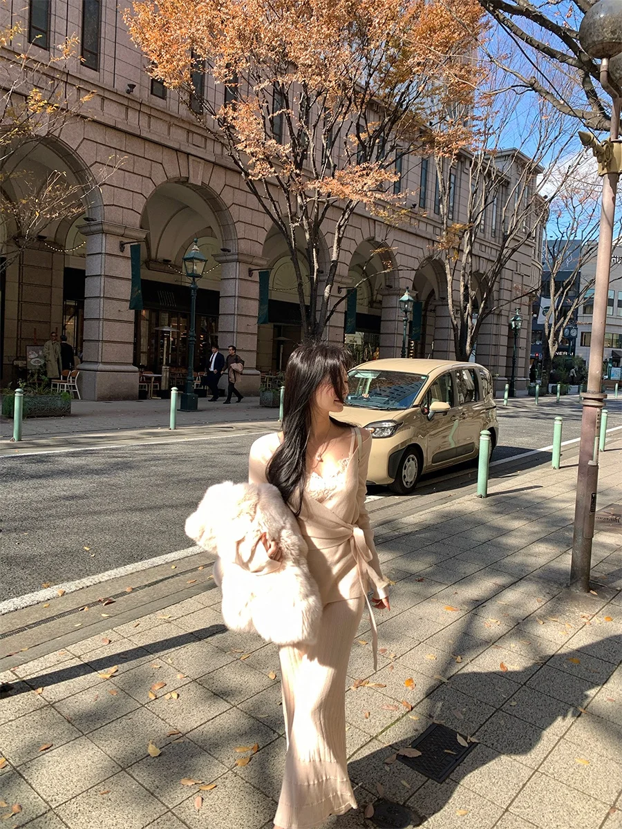 

CloudSweet Romantic Ele: Вязаный топ с поясом и юбка-рыбка (нижний слой), женская модная простая одежда из полиэфирного волокна