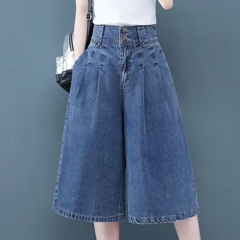 Five-point Jeans for Women Loose Straight Slim and High Waist New Wide-leg Women Casual Thin Medium-sized Pants
