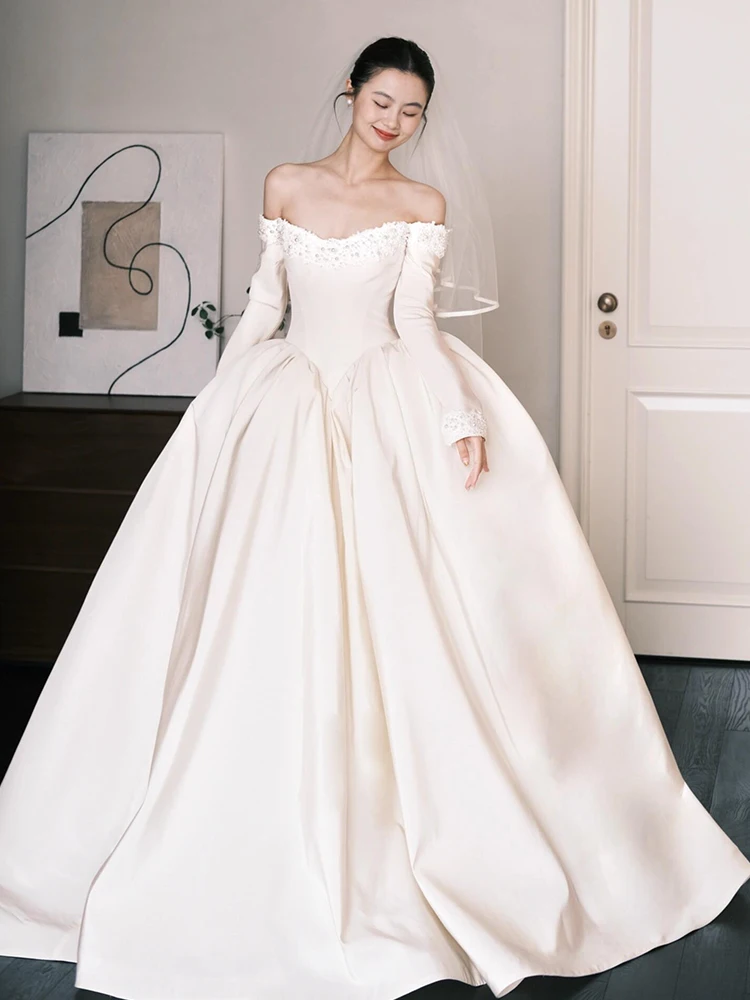 

Ele Satin Wedding Dr One oulder Long Sve for Bride Vintage High Quali Luxury Tailoring mid Waist Floor Length