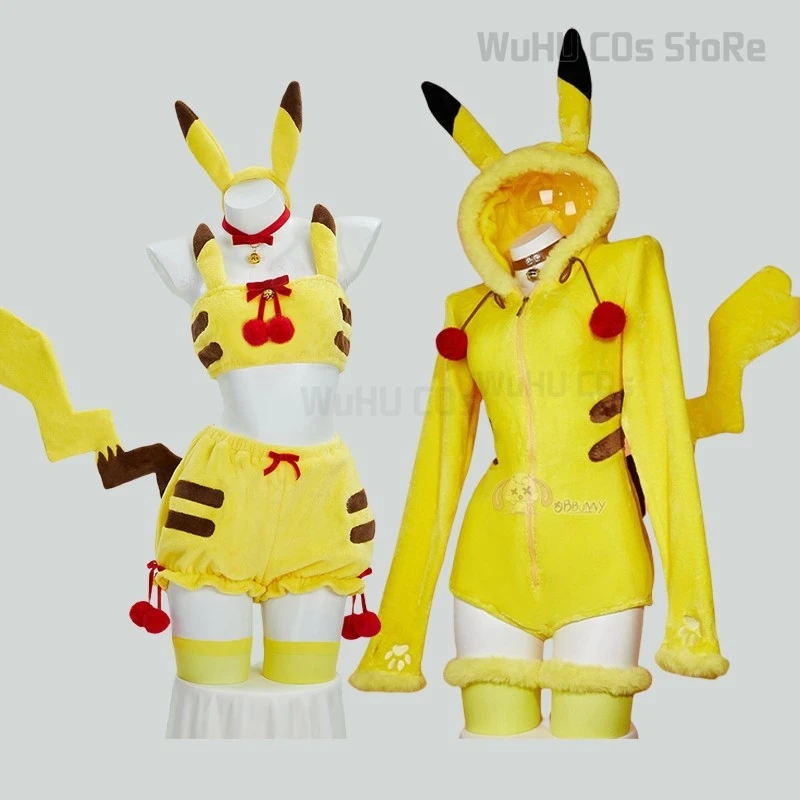 Women Pikkachu Electric Yellow Mouse Cosplay Costume Cute Halloween Sexy Romper Bodysuit Hooded Belt Tail Anime Doujin Suit