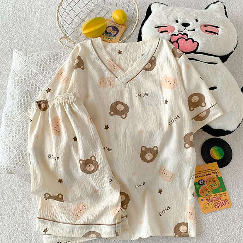 

Fashion Casual Home Loose Cute Cartoon Short-Sleeved Shorts Pajamas Set For Women