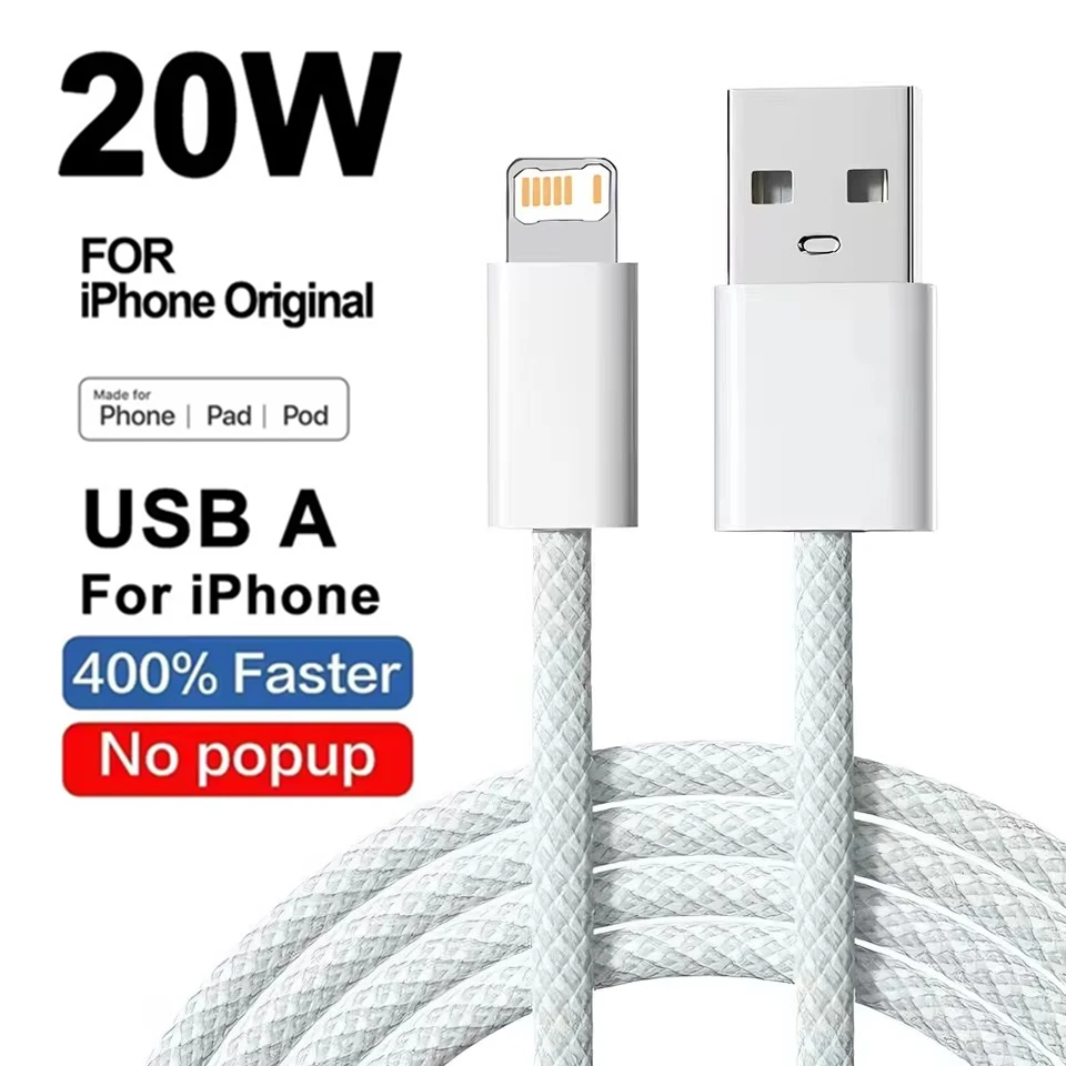20W USB Fast Charging Braided Cable For iPhone 14 13 12 mini 11 Pro XS Max XR X 8 7 6 6S Plus SE Quick Charge Phone Cables 1m 2m