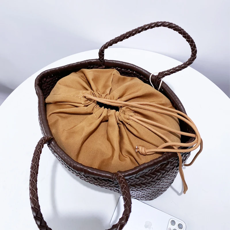 Handmade Weave PU Drawstring Tote Bags For Women Luxury Designer Handbags Purse 2024 New In Vintage With Inner Pocket Shoulder