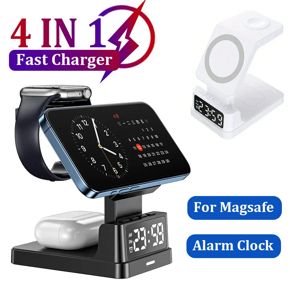 Magnetic 4 In 1 Alarm Clock Wireless Charger Fast Charger Station Dock For iPhone 16 15 14 13 12 Pro  iWatch 8 7 6  Airpods Pro