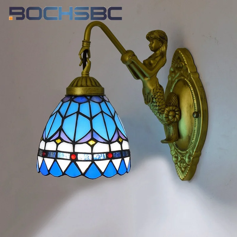 BOCHSBC Tiffany style stained glass feather Mediterranean mermaid wall lamp Dining room bedroom aisle balcony LED decor