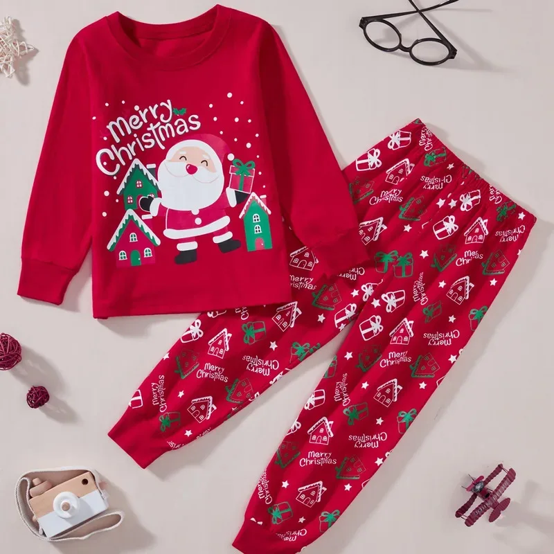 طقم بيجامات سانتا كلوز للأولاد والبنات ملابس منزلية للأطفال في عيد الميلاد باللون الأحمر بأكمام طويلة وسراويل علوية من قطعتين ثقوب؛ 3، c'5.b؛ 8'
