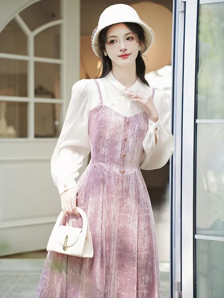 Vestidos de manga larga para mujer, Vestidos Retro de terciopelo de retazos, elegante vestido de Jacquard con cuentas de moda, Rosa dulce, Otoño e Invierno