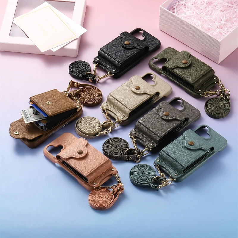 Vertical Flip Card Wallet Case For iPhone 16 15 Pro Max 14 Plus 13 Mini 12 11 SE XR Xs Max 6 7 8 With Mirror and Shoulder Strap