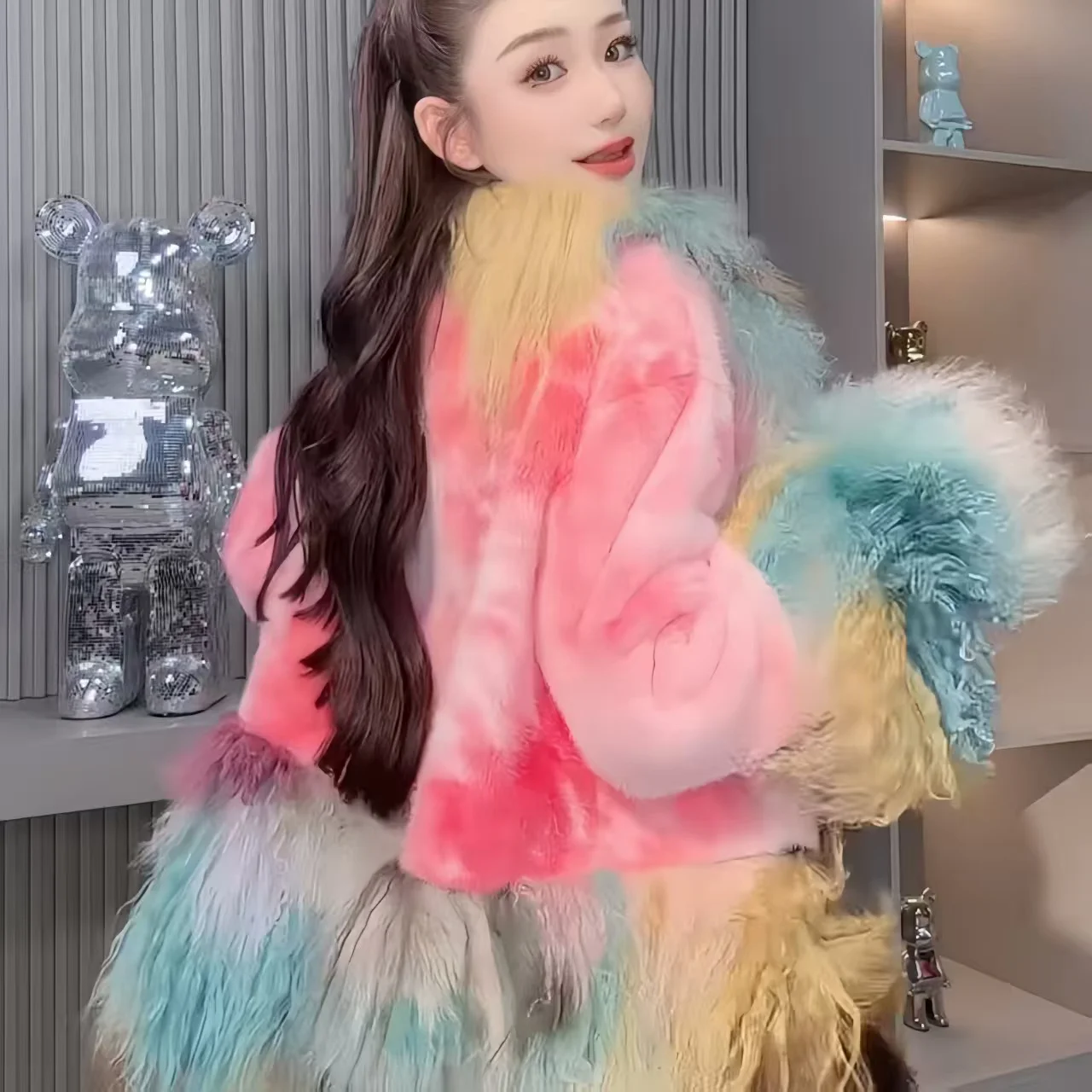 Faux Mongolia Sheep Fur Coat for Women,Covered Button Jacket,Female Clothes,O-Neck,Spliced,Thick Warm,Autumn and Winter,2025