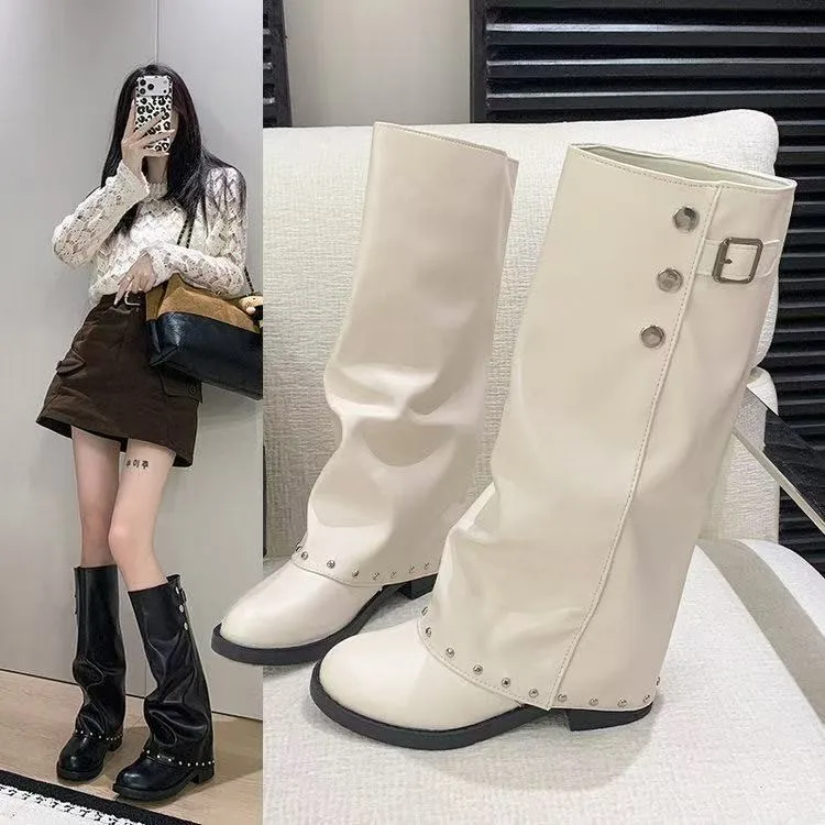 Retro Wide Calf Tall Boots for Women, Rivet Detail Buckle Strap, Flat Sole Soft PU Leather Pull On Stacked Knee High Boots