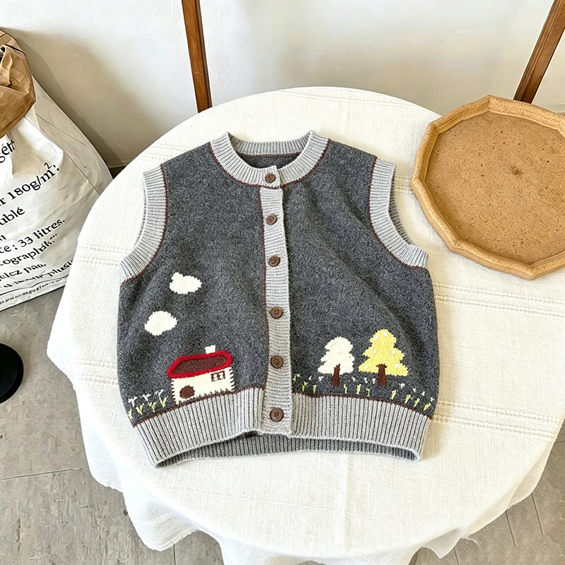 retro-fairy-tale-house-knitted-open-cardigan-vest-baby-3d-embroidery-color-block-cartoon-vest-jacket-for-girls-toddler-kids